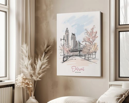 Illustration of Detroit's skyline with trees and a pathway in a soft color palette.