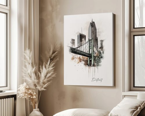 Artistic representation of the Detroit skyline featuring a bridge and skyscrapers.