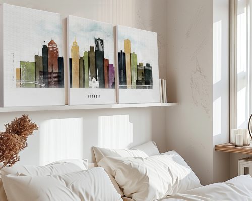 Three framed art prints depicting a cityscape of Detroit with various buildings and a bridge.