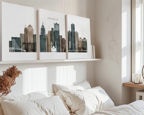 Three art prints depicting a cityscape of Detroit with buildings and skyline details.