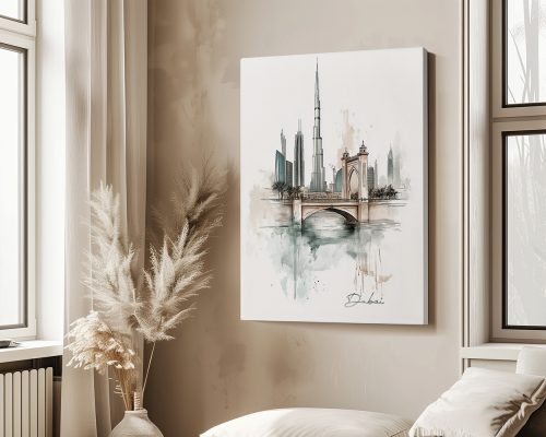 Illustration of a Dubai cityscape featuring the Burj Khalifa and a bridge over water.