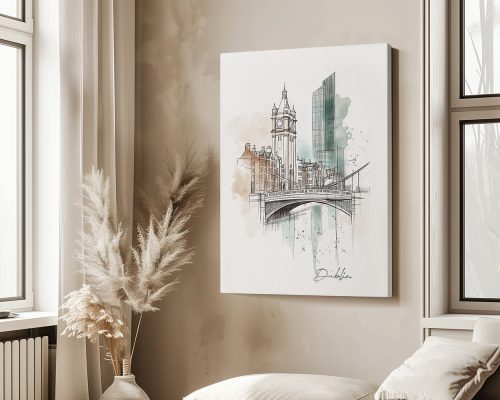 Illustration of Dublin city featuring a bridge and notable buildings in a soft color palette.