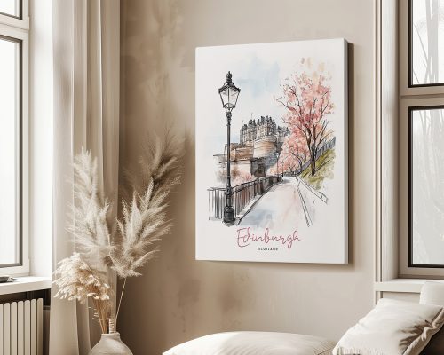 Illustration of Edinburgh featuring a castle and cherry blossom trees along a pathway.