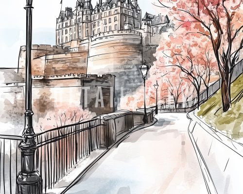 Illustration of Edinburgh Castle surrounded by cherry blossom trees and a winding pathway.