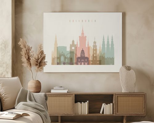 Stylized cityscape illustration of Edinburgh featuring various iconic buildings in pastel colors.
