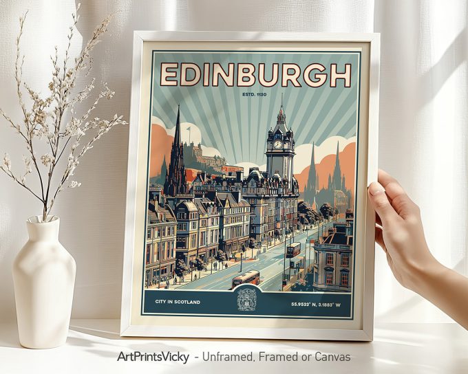 Framed retro art print of Edinburgh featuring buildings and a clock tower with a sunburst background.