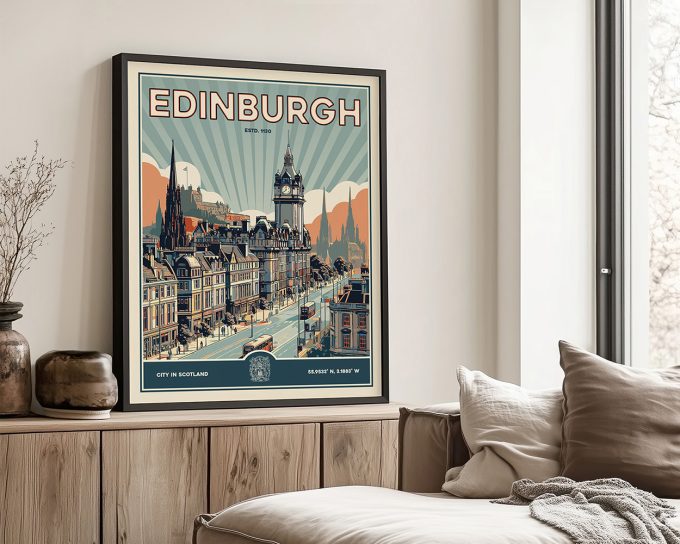 Framed retro artwork of Edinburgh featuring a cityscape with buildings and mountains in the background.