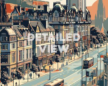 Illustration of a detailed Edinburgh cityscape featuring buildings and street scenes.