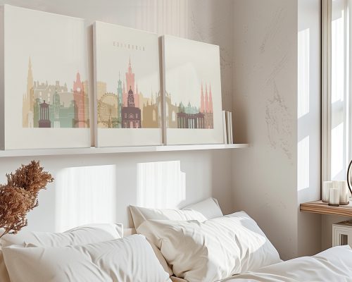 Three canvas prints of Edinburgh's skyline featuring various landmarks in pastel colors.