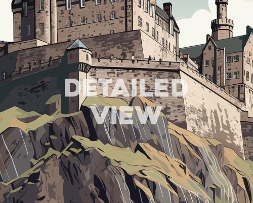 Illustration of Edinburgh Castle situated on a rocky cliff with a detailed view of the structure.