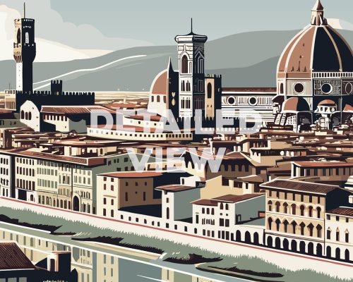 Stylized illustration of Florence featuring prominent buildings and the Arno River.