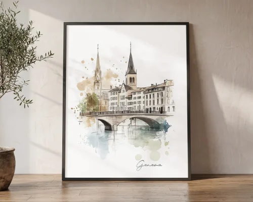 Geneva Skyline Drawing — Watercolor Wall Art | ArtPrintsVicky