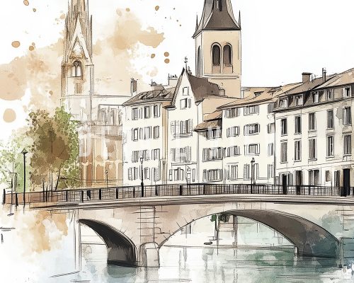 Illustration of a cityscape in Geneva featuring buildings and a bridge over water.