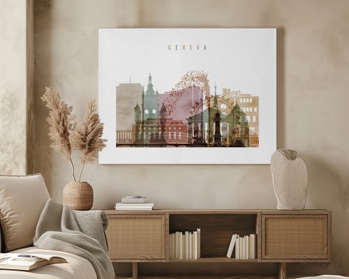 Art print featuring a stylized cityscape of Geneva with buildings and trees in muted colors.