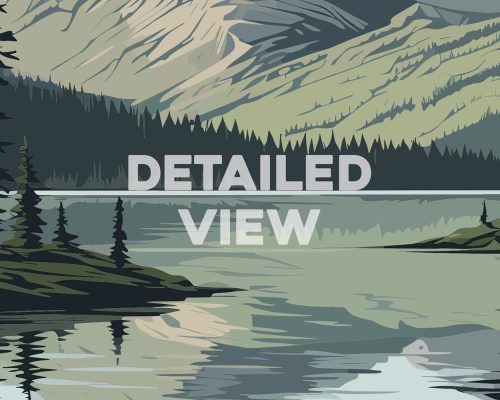 Illustration depicting a mountain lake surrounded by trees and mountains in a detailed view.