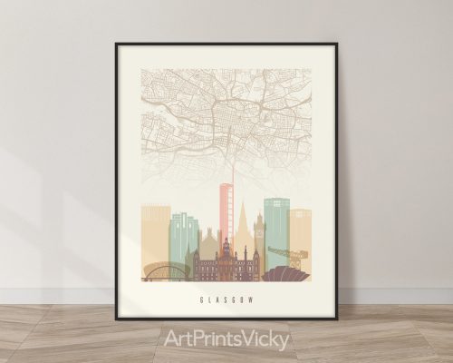 Pastel cream Glasgow city map with skyline poster by ArtPrintsVicky