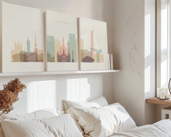 Three-panel artwork depicting a stylized skyline of Glasgow with various buildings and landmarks.