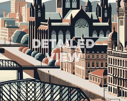 Stylized illustration of Glasgow featuring buildings and a bridge over a river.