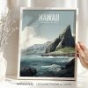 Art print featuring a stylized landscape of Hawaii with mountains and ocean.