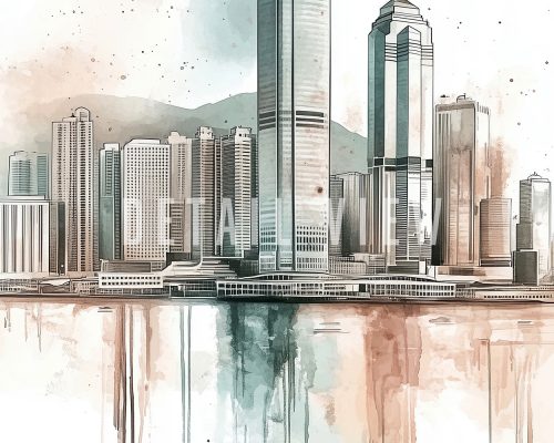 Illustration of a cityscape featuring tall buildings and reflections in water, representing Hong Kong.
