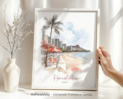 Art print of Honolulu featuring a beach scene with palm trees and buildings in the background.