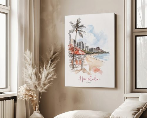 Illustration of Honolulu featuring palm trees, beach, and city skyline with the text 'Honolulu Hawaii'.