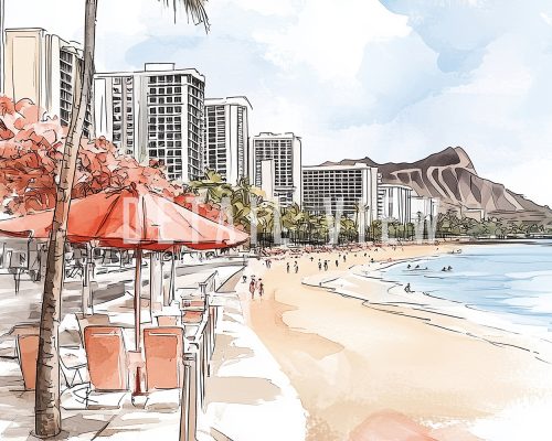 Illustration of a beach scene in Honolulu with buildings, palm trees, and umbrellas.