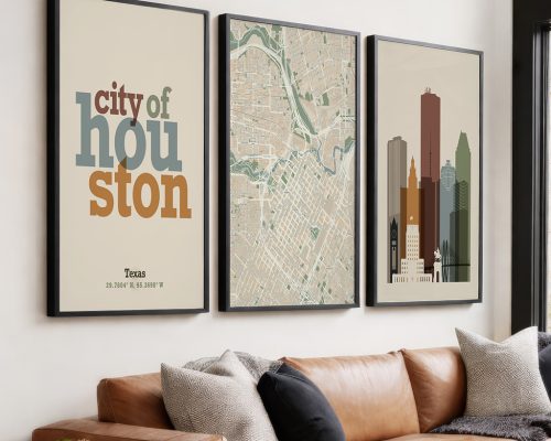 Houston Wall Art Set of 3 Prints, Map, Skyline