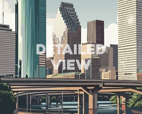 Illustration of Houston's skyline featuring various tall buildings and a bridge in the foreground.