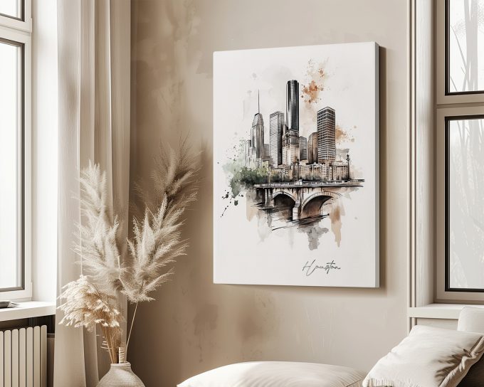 Illustration of the Houston skyline with a bridge and watercolor accents.