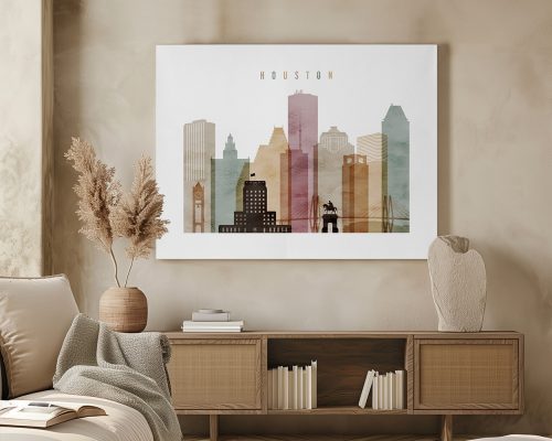 Artistic representation of Houston skyline featuring various buildings in muted colors.