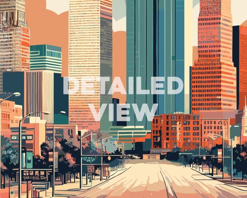 Illustration of Houston city skyline featuring tall buildings and a clear sky.