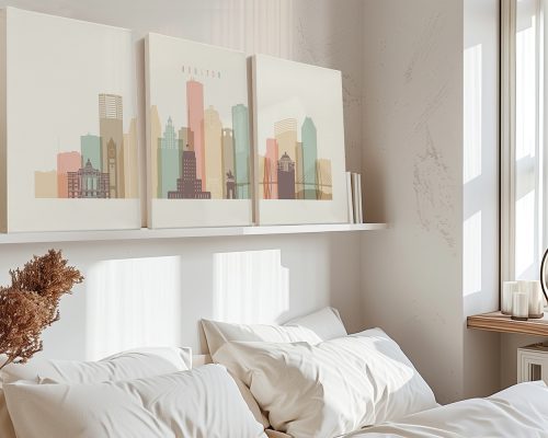 Three art prints depicting a skyline of Houston with various buildings and structures.