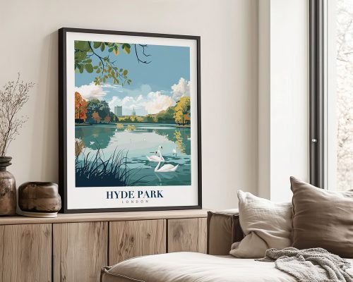 Illustration of a swan swimming in a lake at Hyde Park, London, with trees and clouds in the background.