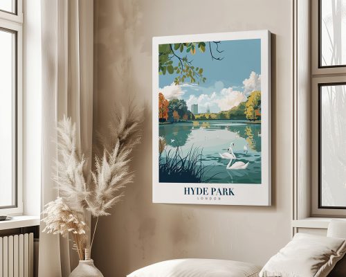 Art print of Hyde Park in London with a swan swimming in a lake and trees in the background.