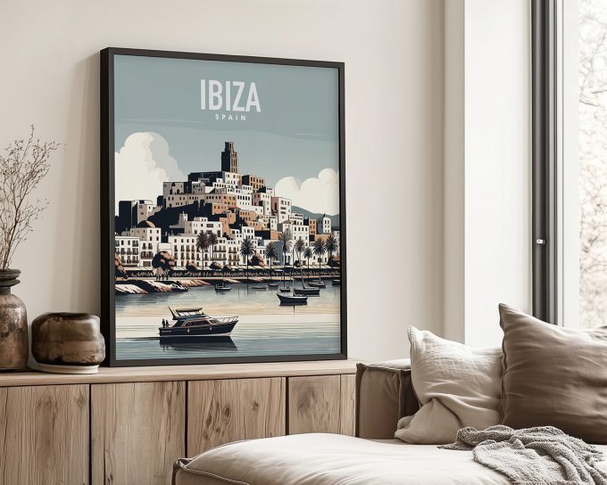Art print of Ibiza, Spain featuring a coastal view with buildings and boats.
