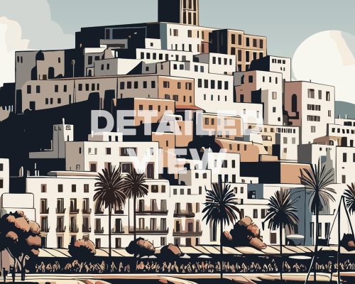 Illustration of a cityscape in Ibiza featuring buildings and palm trees.