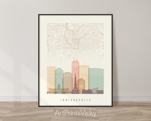 Indianapolis Map and Skyline Print in Warm Pastel Cream by ArtPrintsVicky
