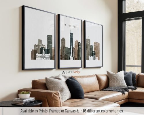 Set of 3 Indianapolis skyline prints in an earthy watercolor 2 style by ArtPrintsVicky