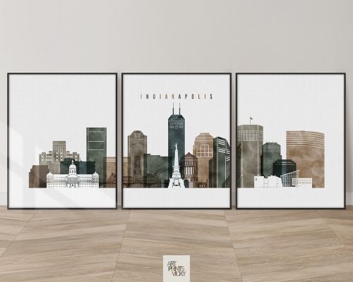 Set of 3 Indianapolis skyline prints in an earthy watercolor 2 style by ArtPrintsVicky