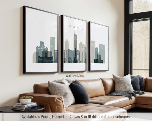 Set of 3 Indianapolis skyline prints in a cool Earth Tones 4 color scheme by ArtPrintsVicky