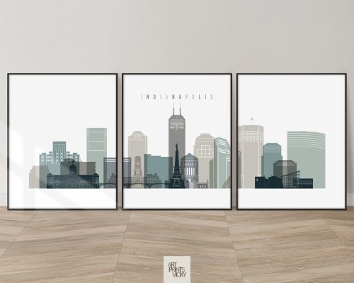 Set of 3 Indianapolis skyline prints in a cool Earth Tones 4 color scheme by ArtPrintsVicky