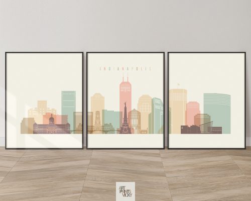 Set of 3 Indianapolis skyline prints in a warm pastel cream theme by ArtPrintsVicky