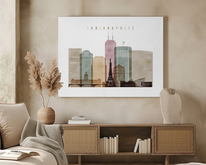 Artistic representation of the Indianapolis skyline with various buildings and landmarks.