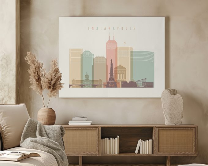 Artistic representation of the Indianapolis skyline with buildings in pastel colors.
