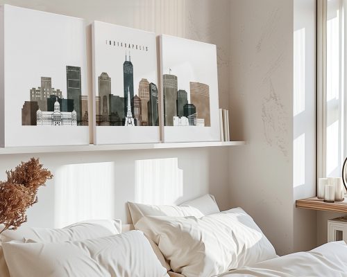 Three art prints depicting a cityscape of Indianapolis with notable buildings and skyline.