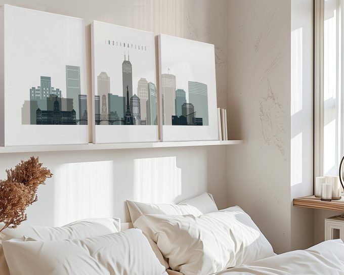 Three-panel art print depicting the skyline of Indianapolis with various buildings and structures.