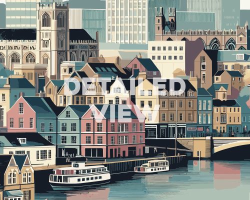 Illustration of Ipswich cityscape featuring buildings and boats along the waterfront.