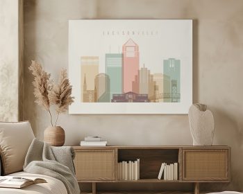 Stylized illustration of Jacksonville's skyline with pastel colors and geometric shapes.
