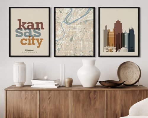 Alternative view of Kansas City Wall Art Set of 3 Prints, Map, Skyline